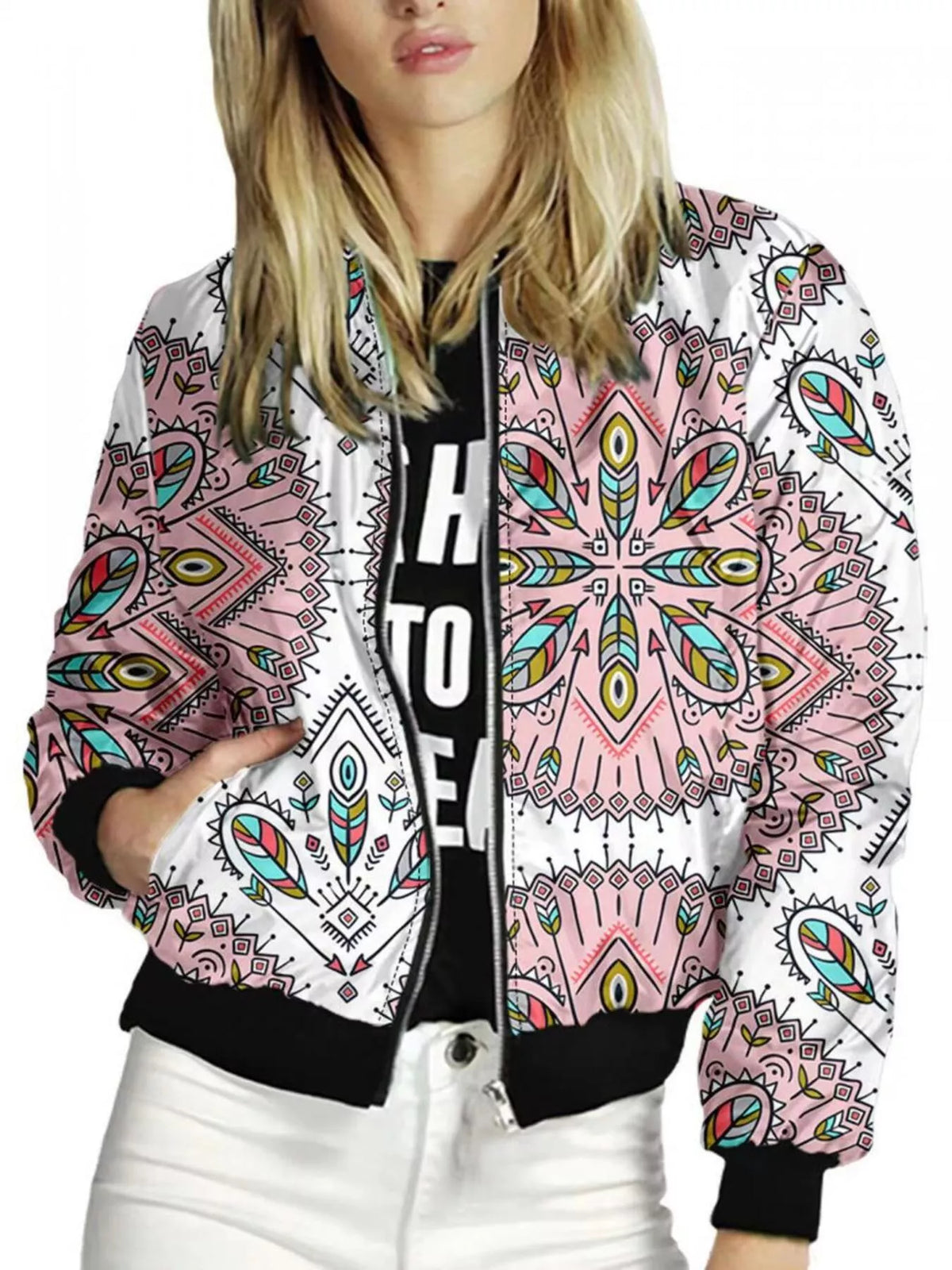 Zip Up Printed Jacket in Pink