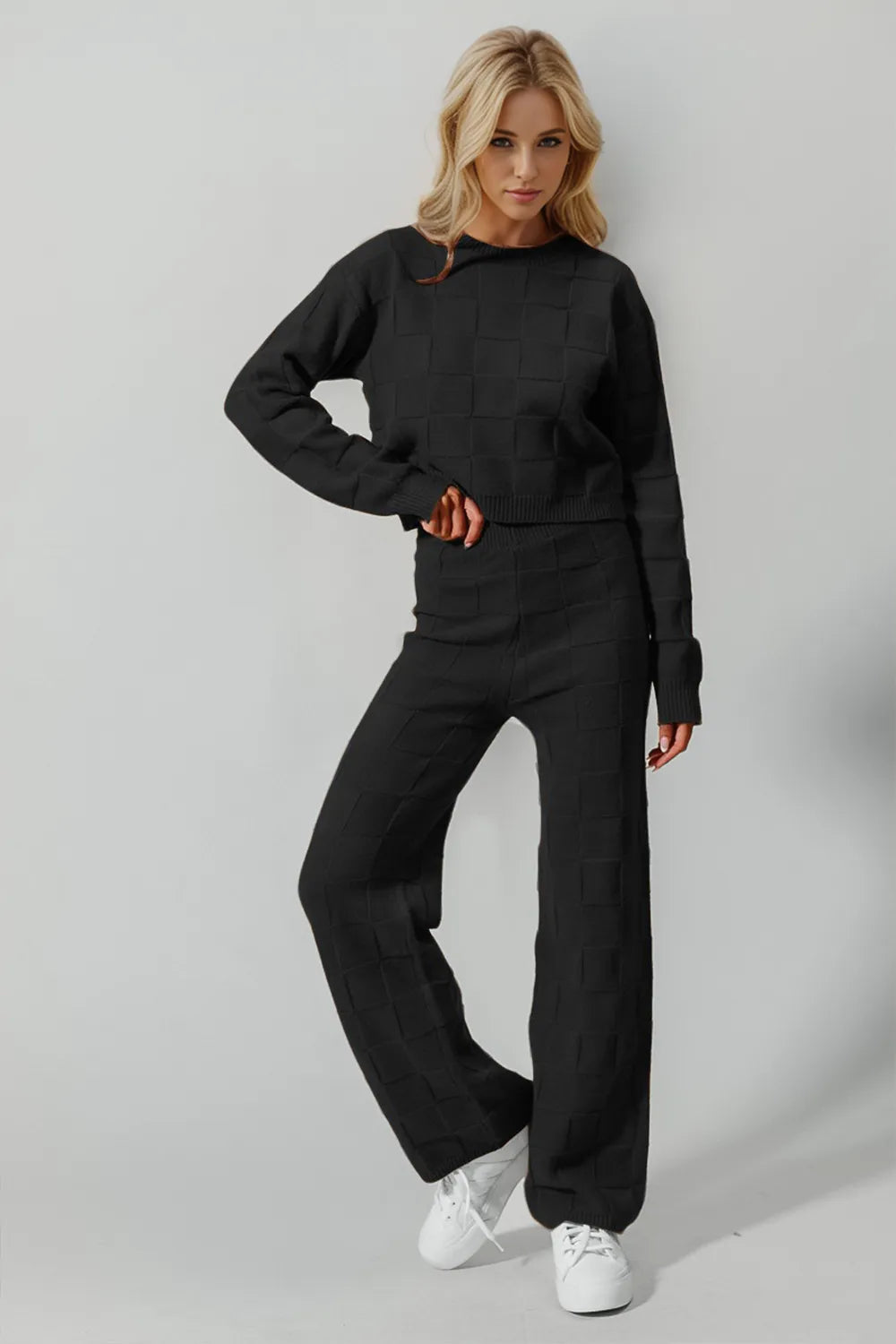 Double Take Full Size Checkered Round Neck Top and Pants Set in Black
