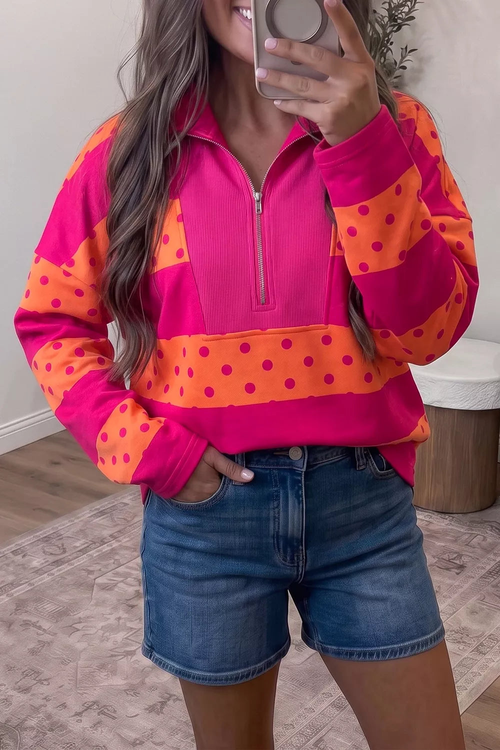 Polka Dot Quarter-Zip Sweatshirt - Lilixa.store
