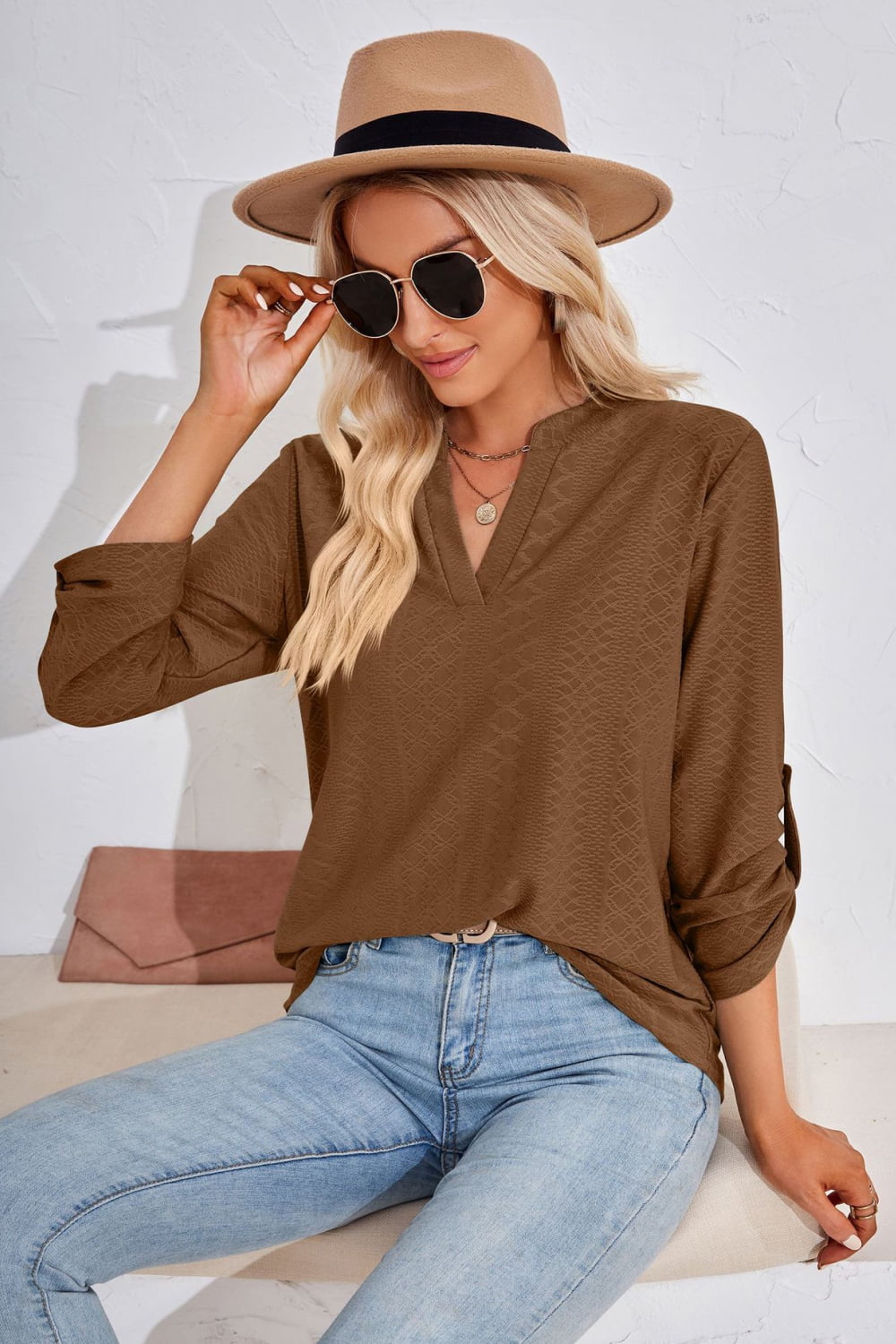 V-Neck Roll-Tap Sleeve Blouse, view 16