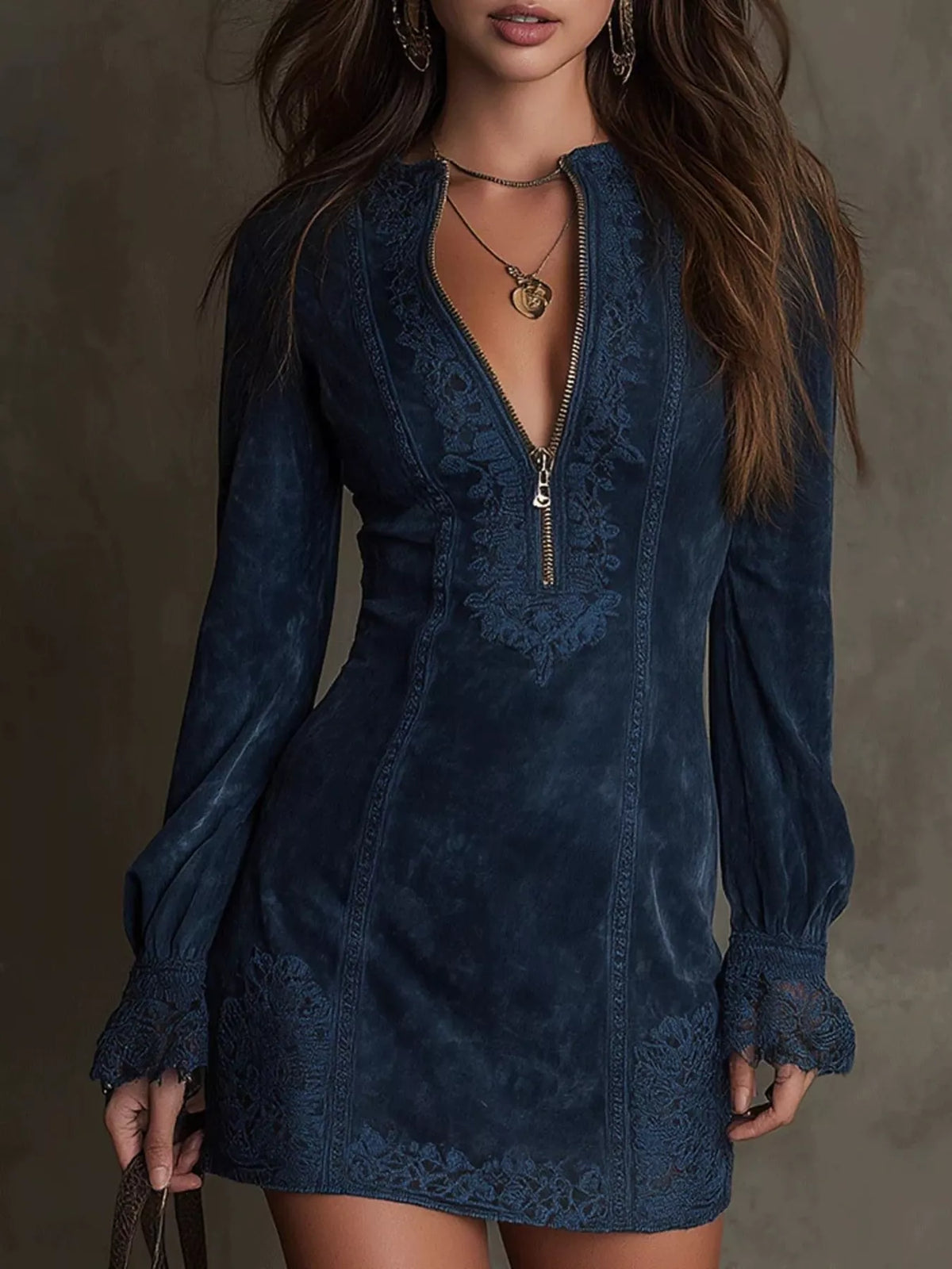 Full Size Zip-Front Long Sleeve Mini Dress Plus Size - Lilixa.store