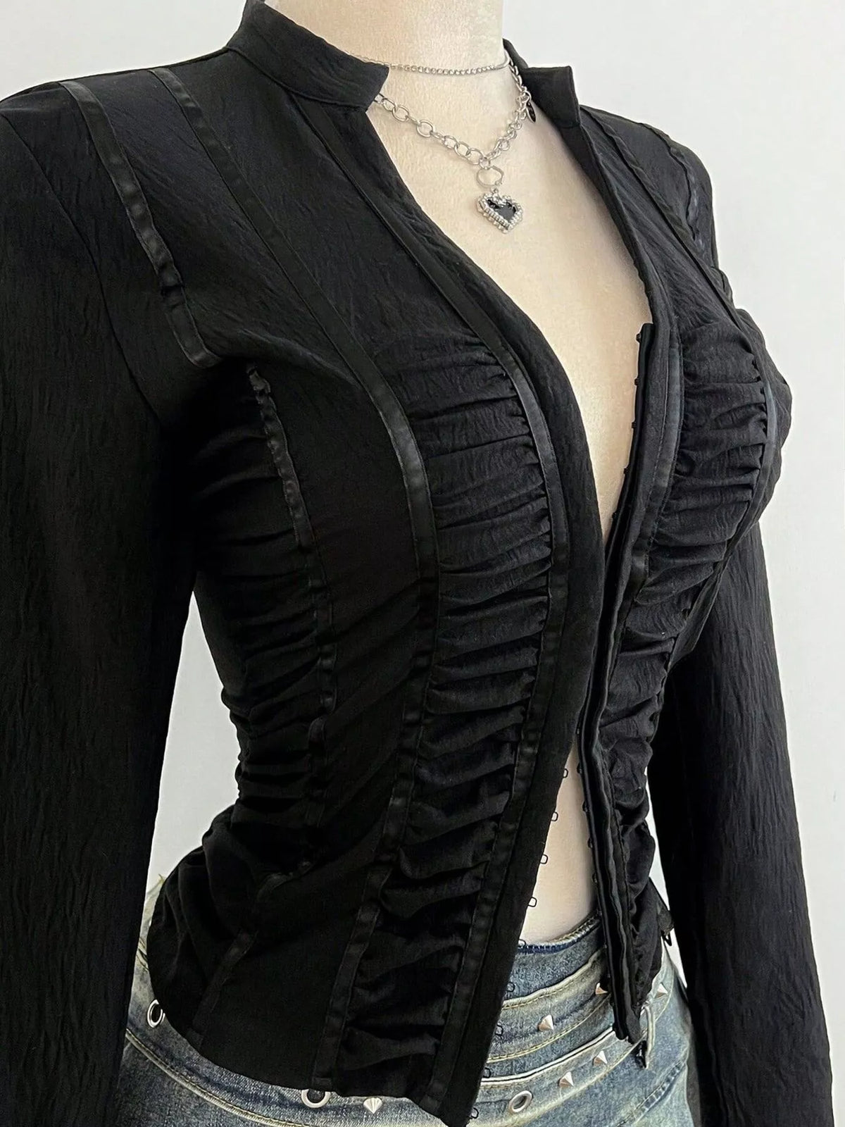 Ruched Slim-Fit Long Sleeve Top in Black, view 2