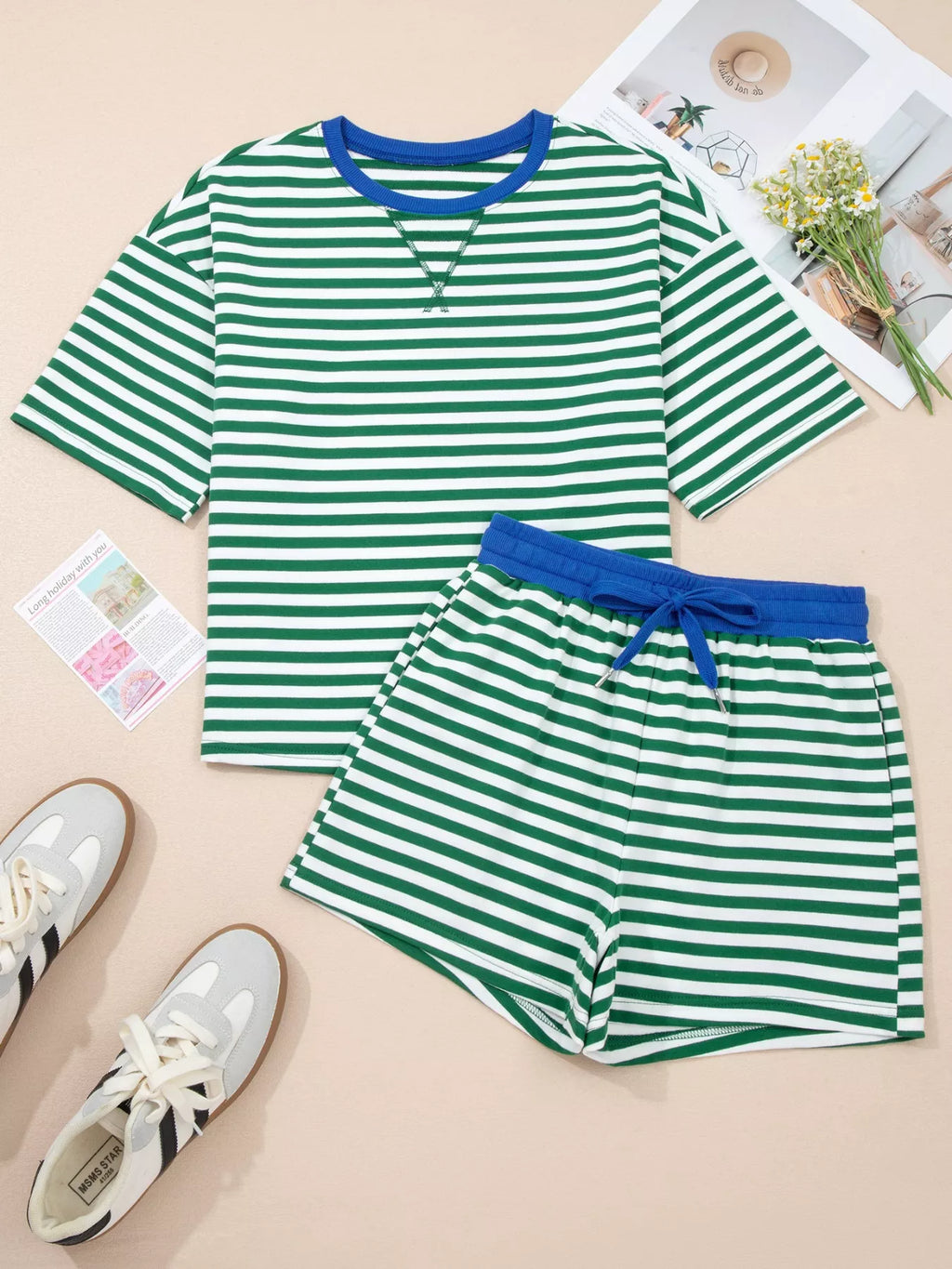Stripe Boxy Tee and Drawstring Elastic Waist Shorts Set - Lilixa.store