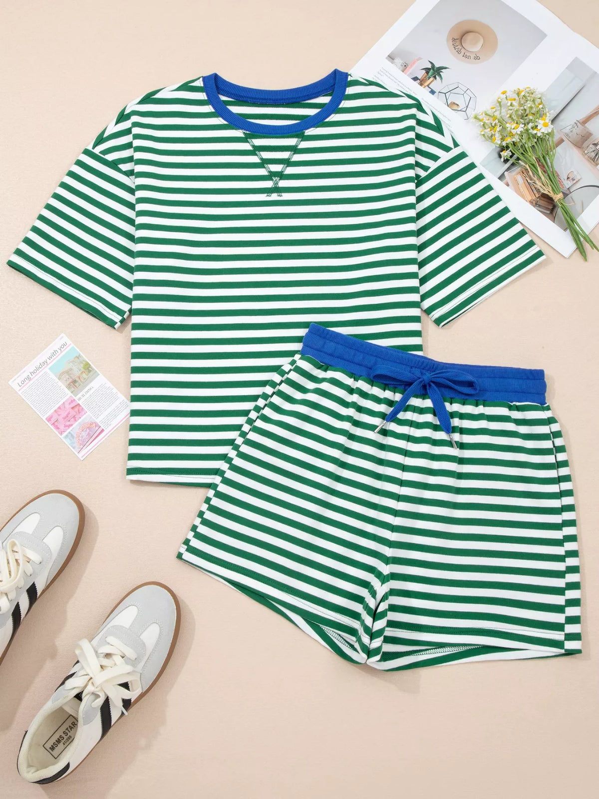 Stripe Boxy Tee and Drawstring Elastic Waist Shorts Set - Lilixa.store