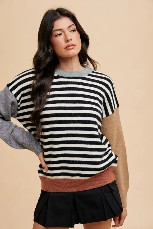 Annie Wear Striped Color Block Round Neck Sweater - Lilixa.store