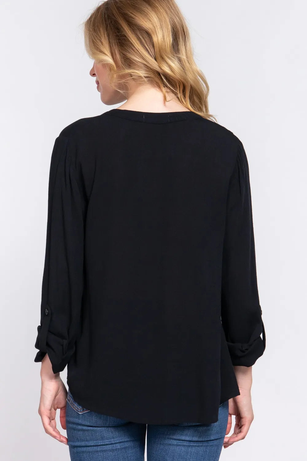 ACTIVE BASIC Full Size Notched Long Sleeve Woven Top - Lilixa.store