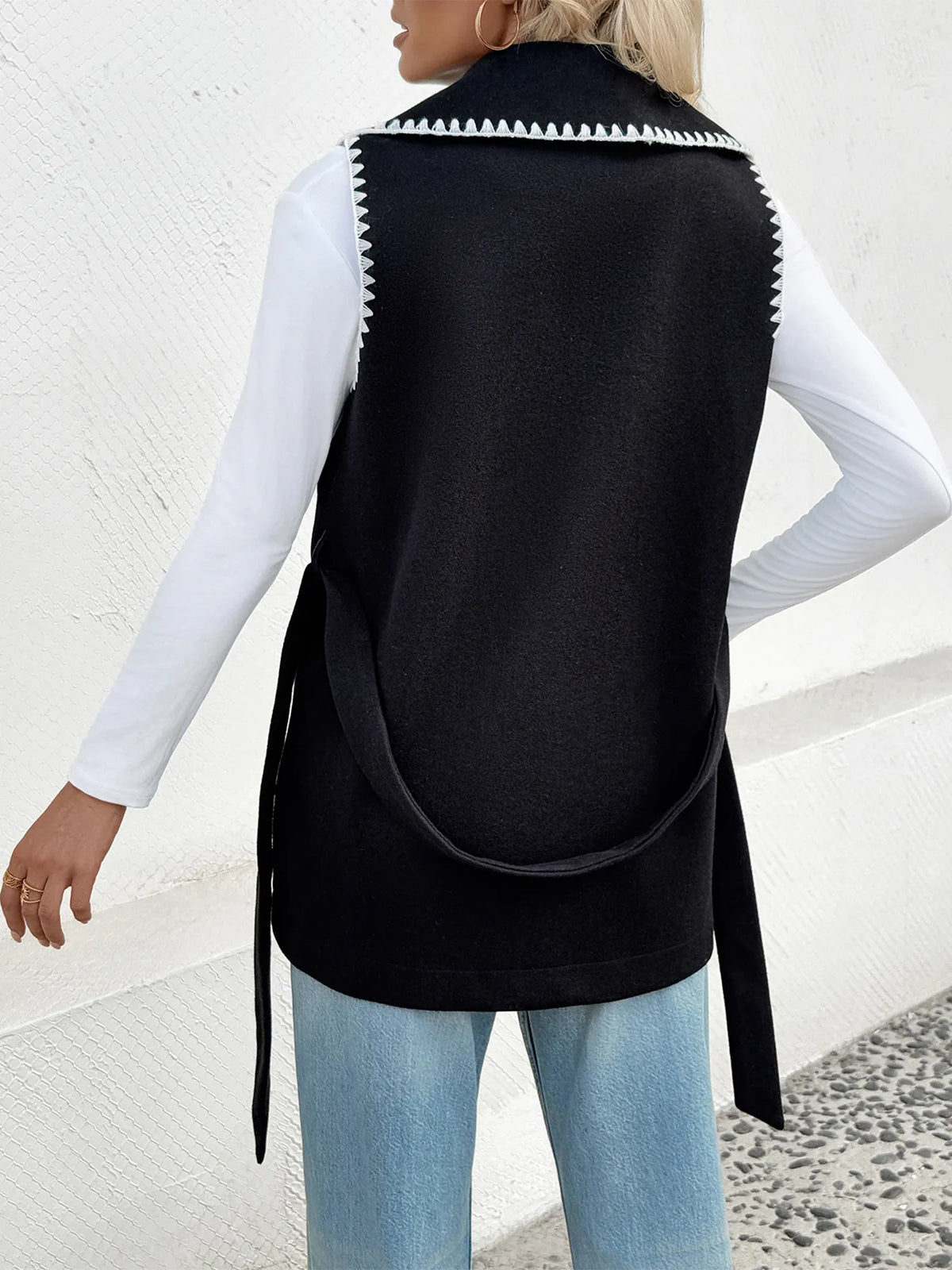 Contrast Trim Collared Neck Vest Coat in Black, view 6
