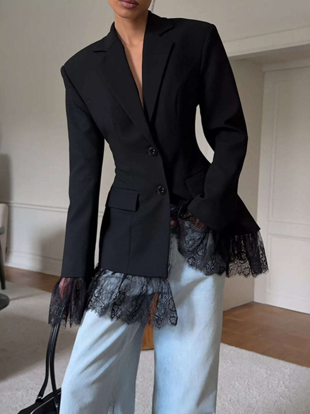 Lace Hem Lapel Collar Blazer - Lilixa.store