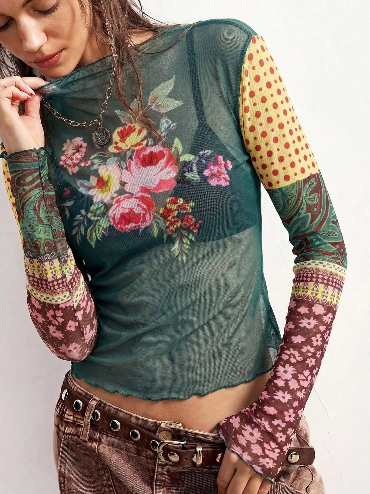 Floral Print Mesh Mock Neck Long Sleeve Top, view 5