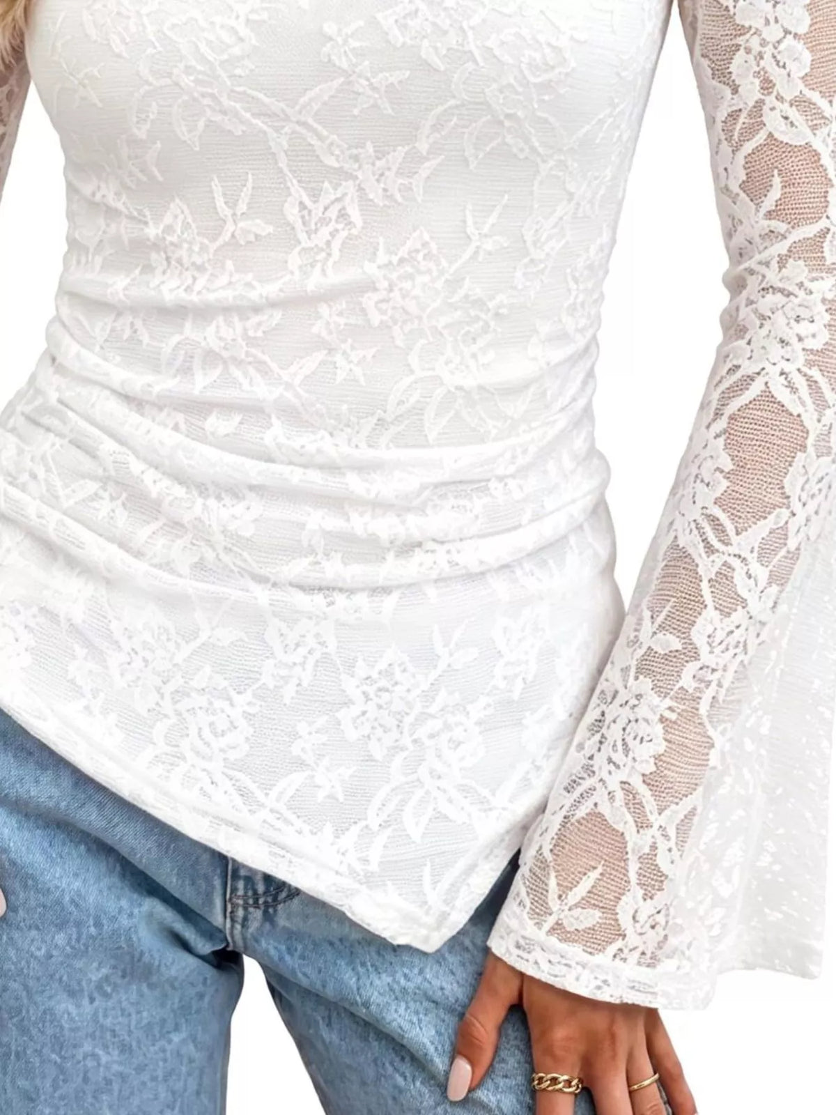 Floral Lace Long Sleeve Blouse with Flared Cuffs, view 4