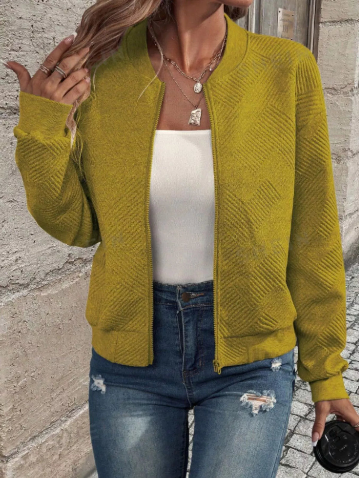 Textured Knit Zip-Up Bomber Jacket in Khaki