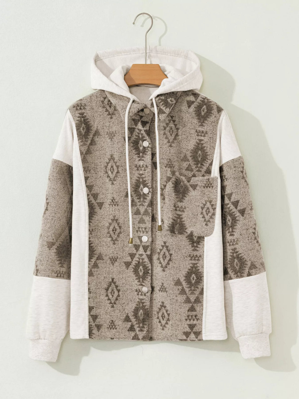 Western Aztec Print Color Block Patchwork Drawstring Hooded Shacket in Khaki, view 5