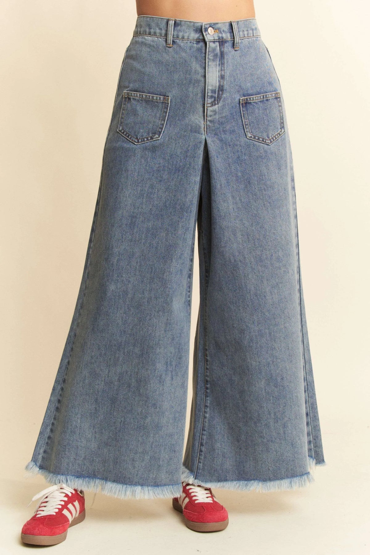Davi & Dani Patch Pocket Wide Leg Culotte Jeans - Lilixa.store