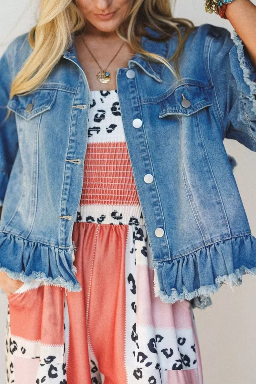 Ruffle Hem Raw Edge Half Sleeve Western Denim Jacket in Dusty Blue, view 3