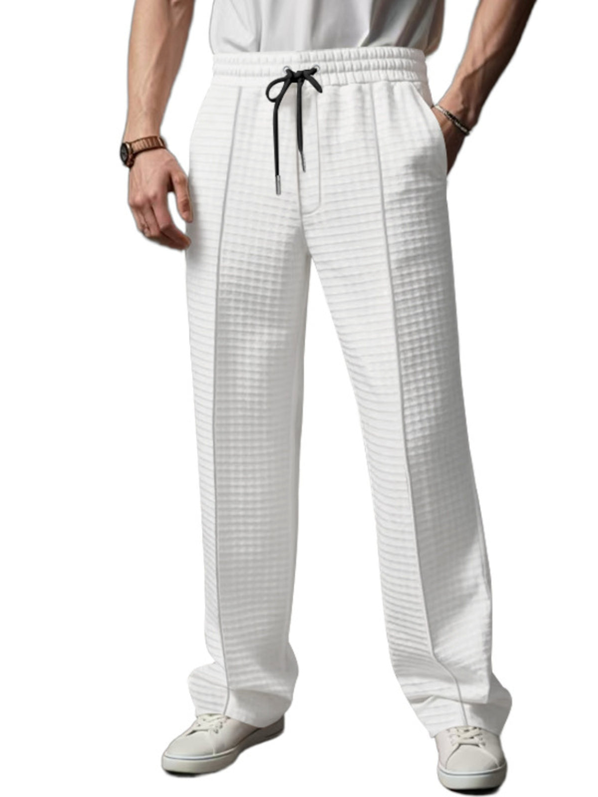Men's Full Size Textured Drawstring Casual Pants Plus Size in White