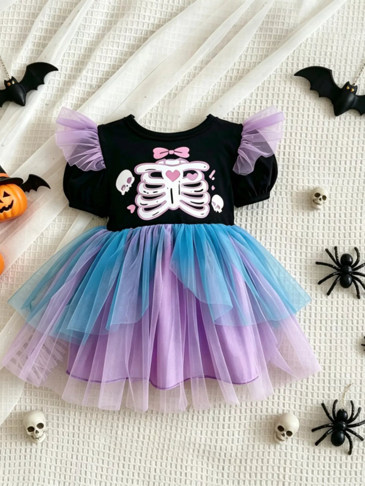 Children's Halloween Skeleton Graphic Tulle Tutu Dress - Lilixa.store