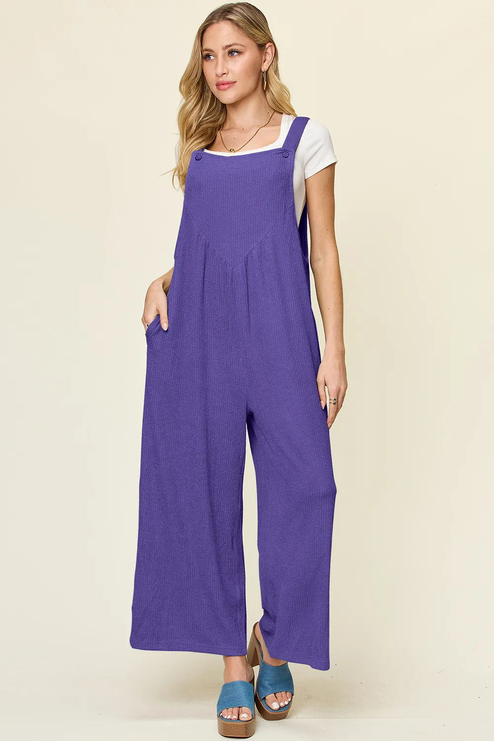 Double Take Full Size Texture Sleeveless Wide Leg Overall, view 5