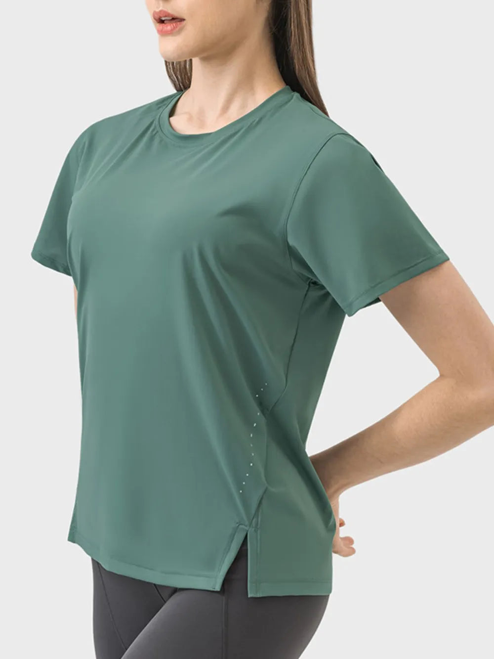Millennia Slit Round Neck Short Sleeve Active T-Shirt - Lilixa.store