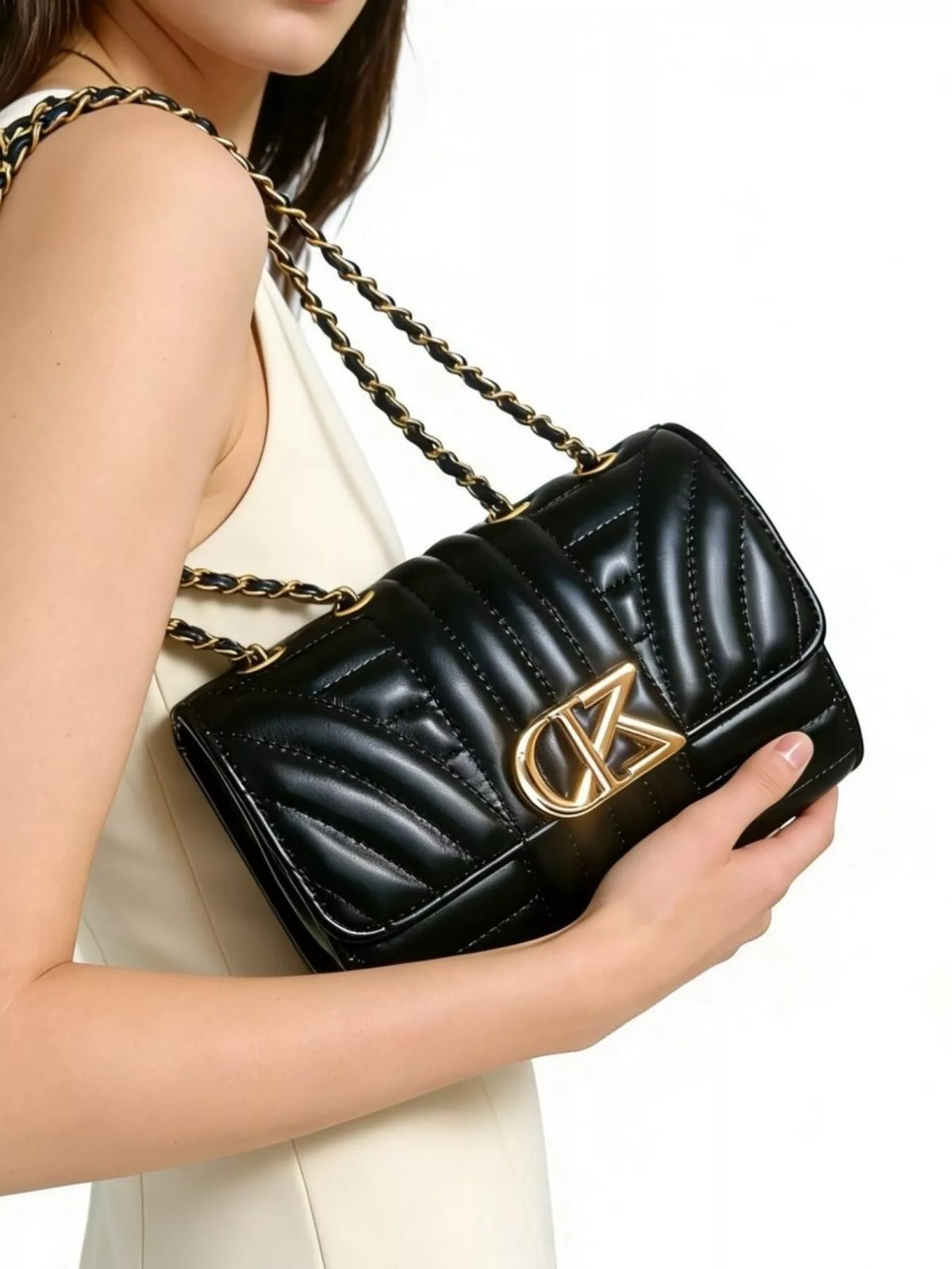 Quilted PU Leather Shoulder Bag in Black, view 4