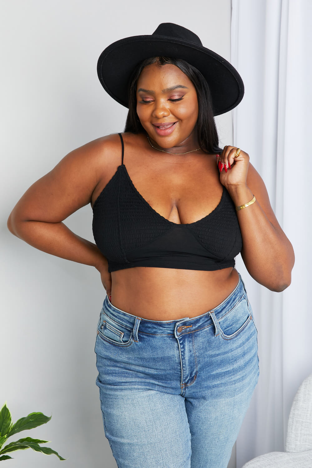 Zenana Full Size Textured Spaghetti Strap Bralette in Black Plus Size - Lilixa.store