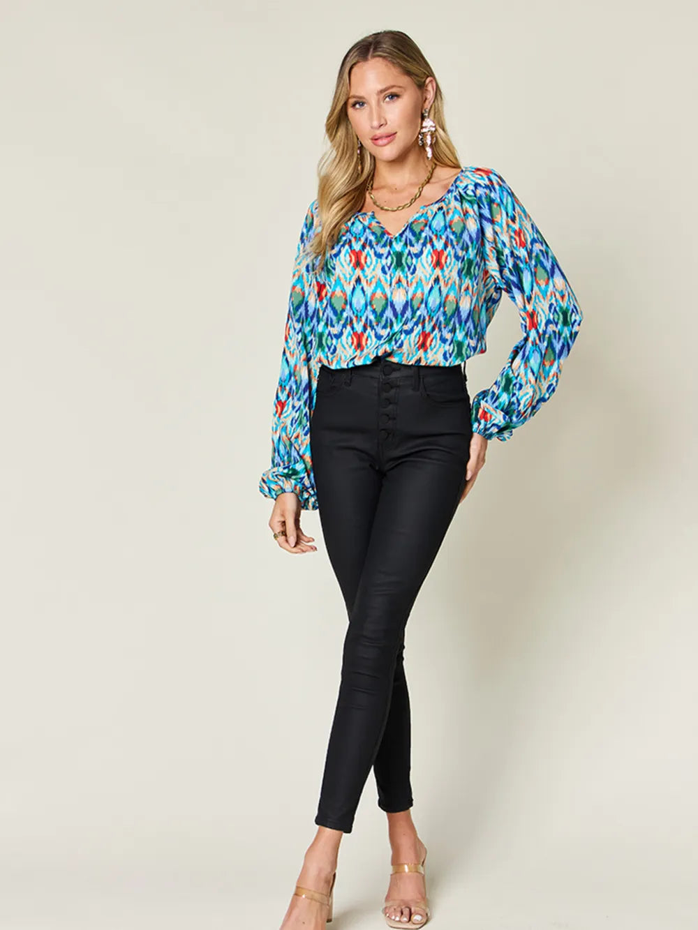 Double Take Full Size Printed Balloon Sleeve Blouse - Lilixa.store