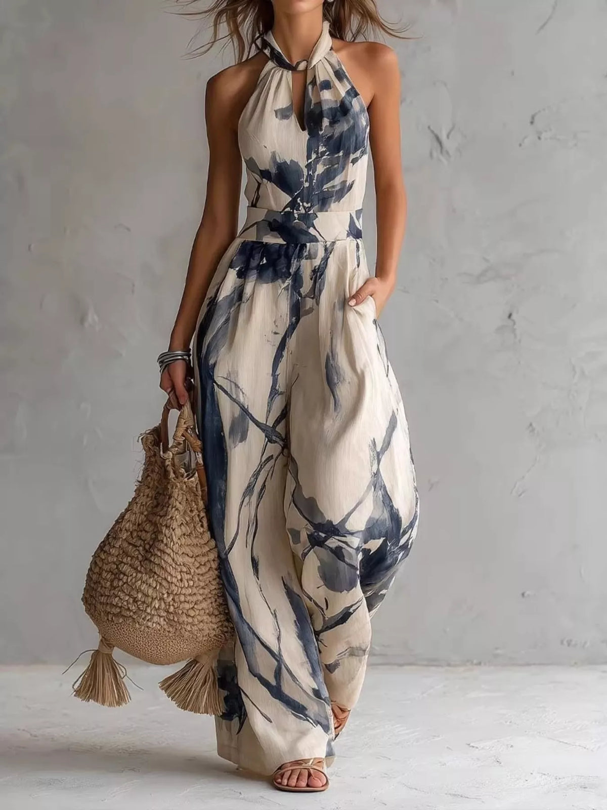 Ink Wash Print Halter Neck Wide-Leg Jumpsuit