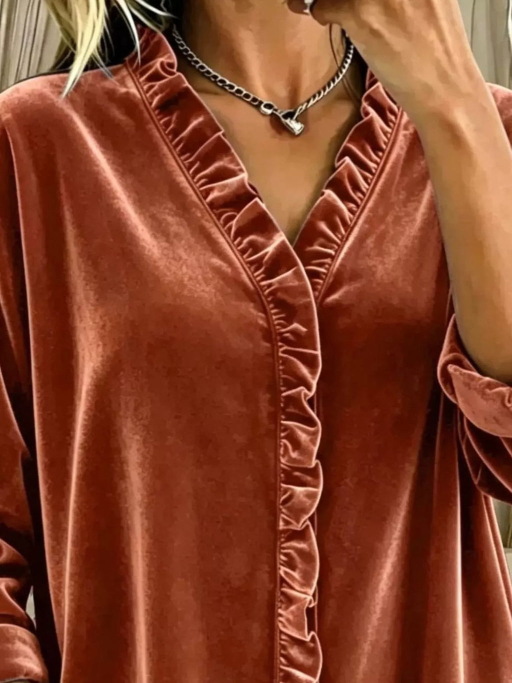 Velvet Frill V-Neck Blouse - Lilixa.store