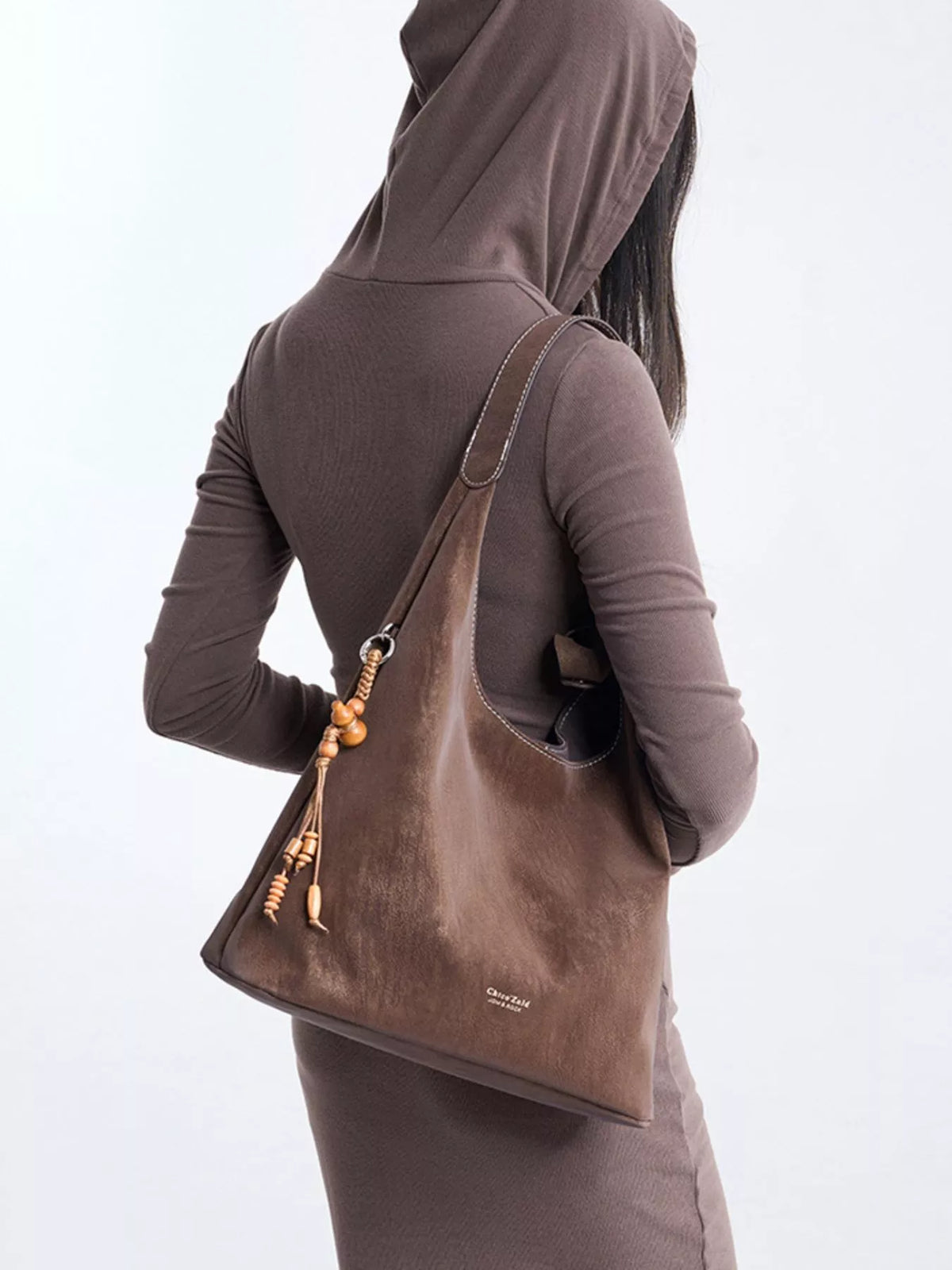 Suede Hobo Shoulder Bag with Decorative Tassel in Brown, view 6