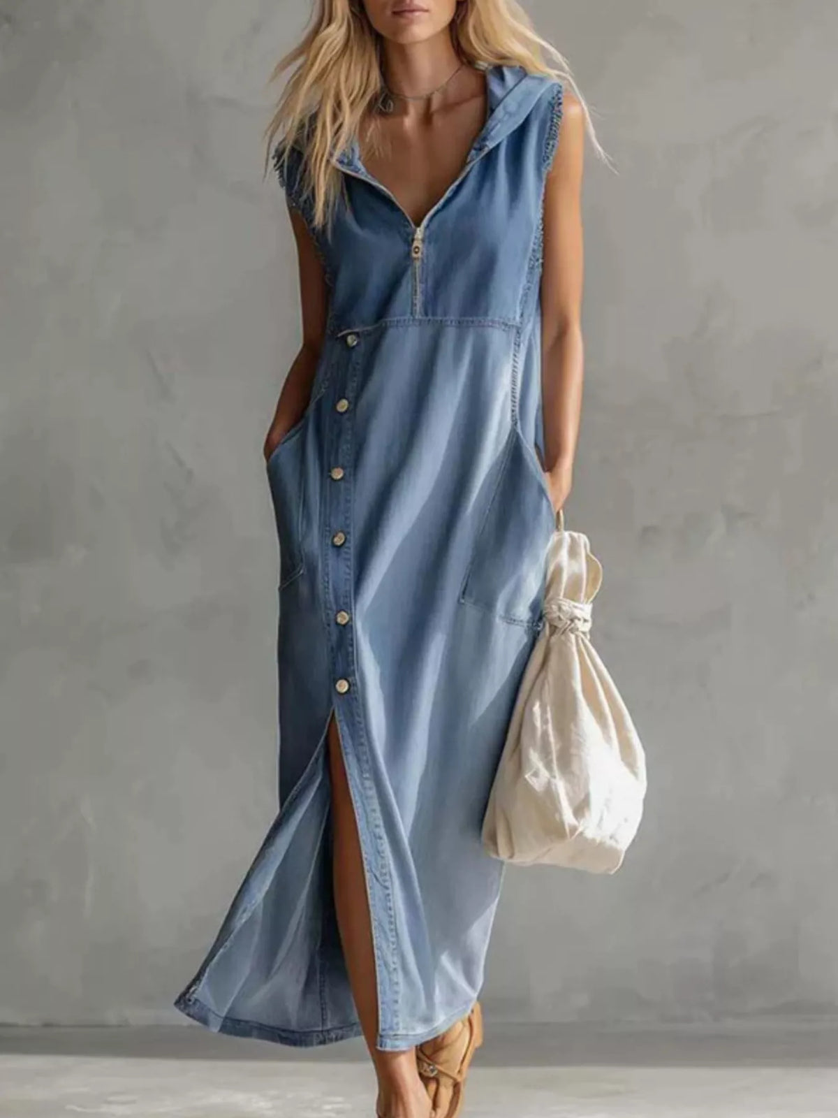 Slit Sleeveless Hooded Denim Maxi Dress