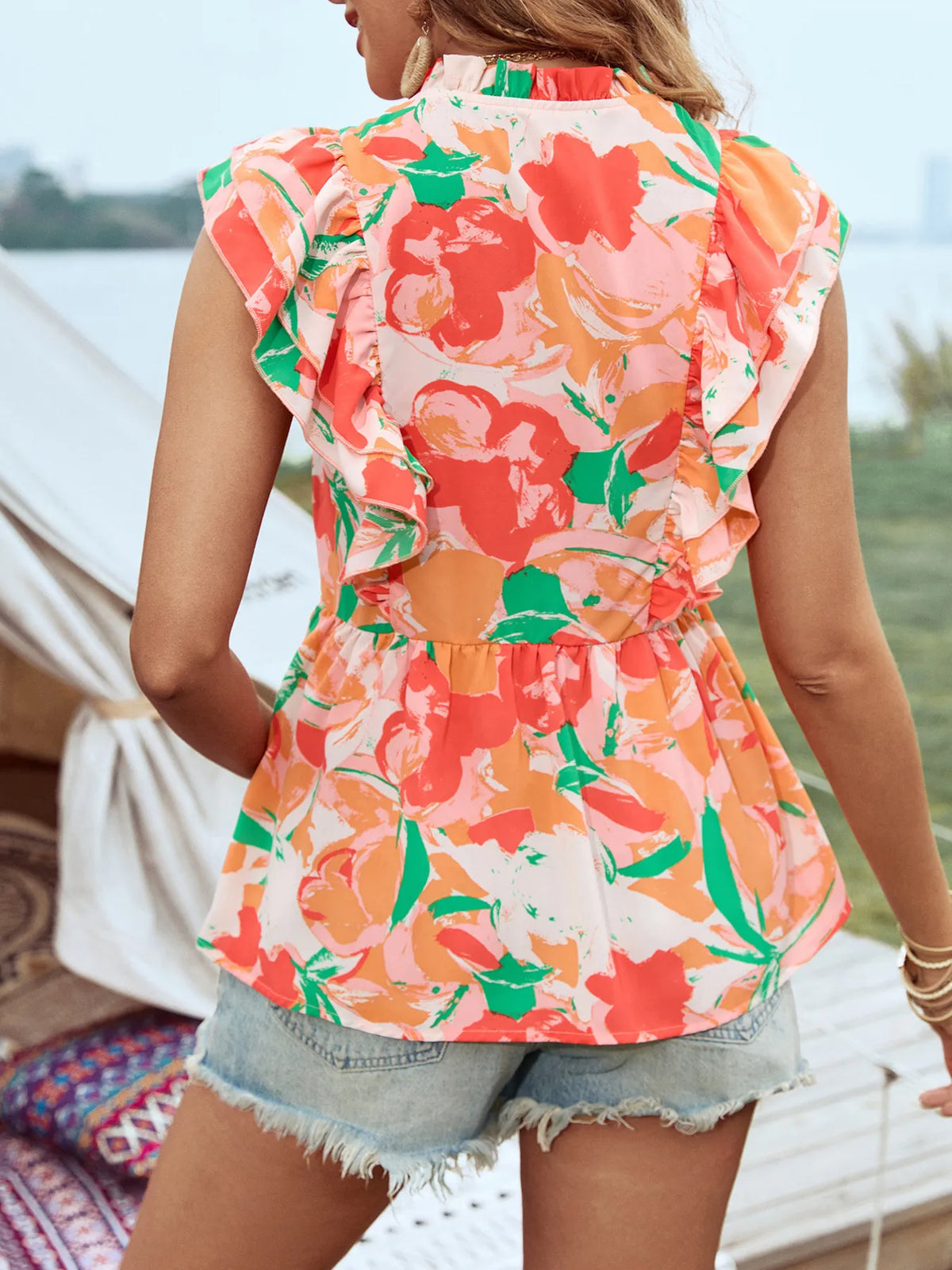 Floral Ruffle Cap Sleeve Blouse - Lilixa.store