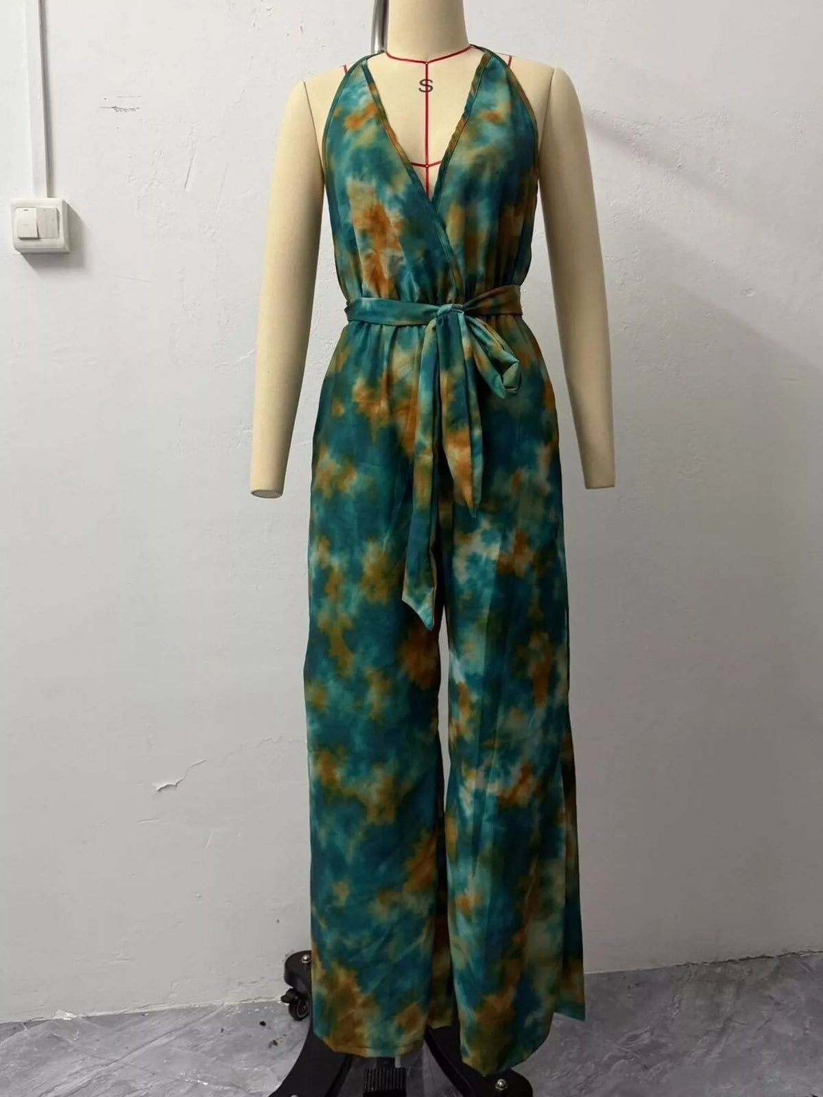 Full Size Tie-Dye Halter Neck Wide-Leg Jumpsuit Plus Size