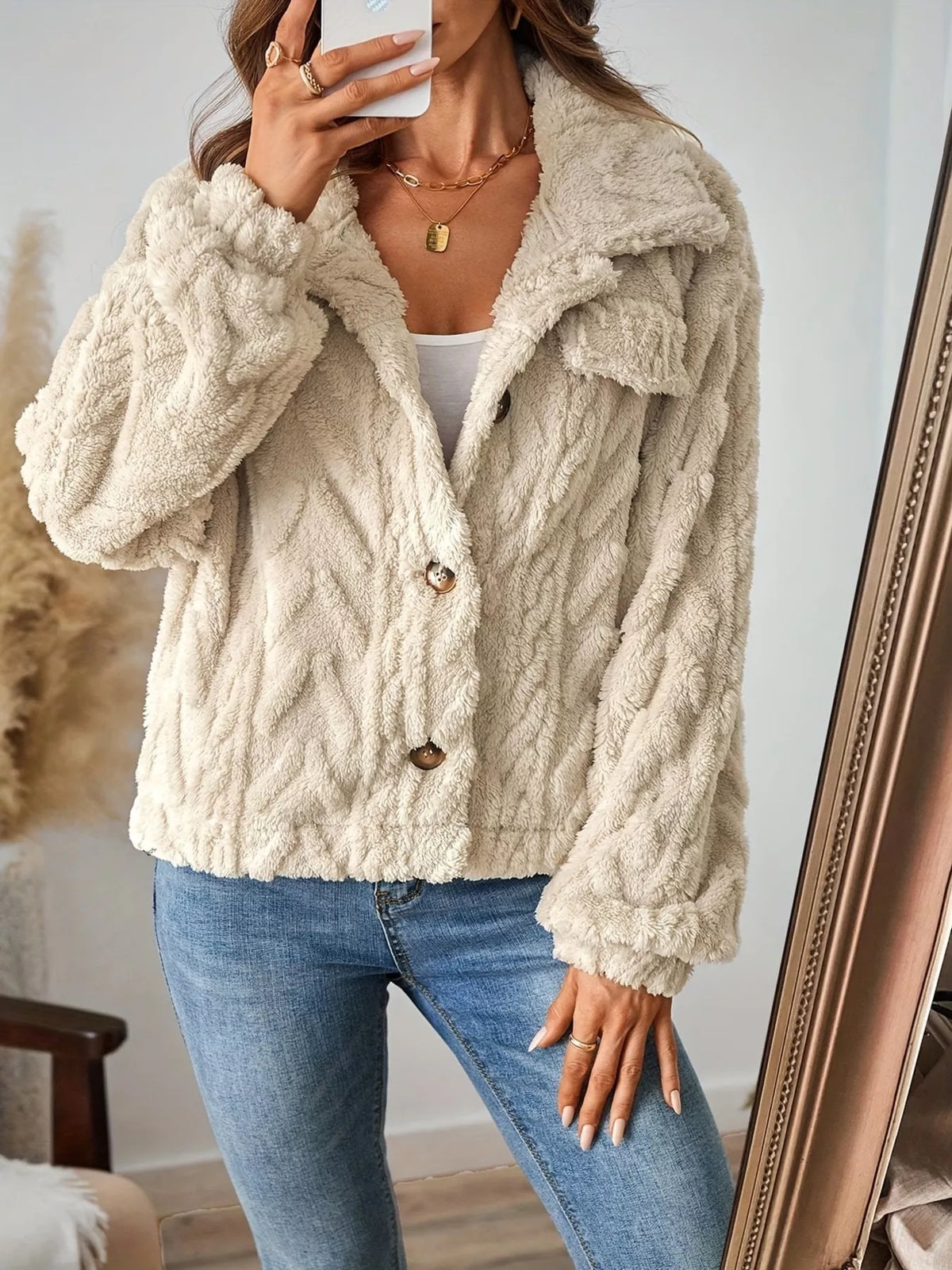 Cozy Textured Fleece Button-Up Outerwear in Cream, view 4