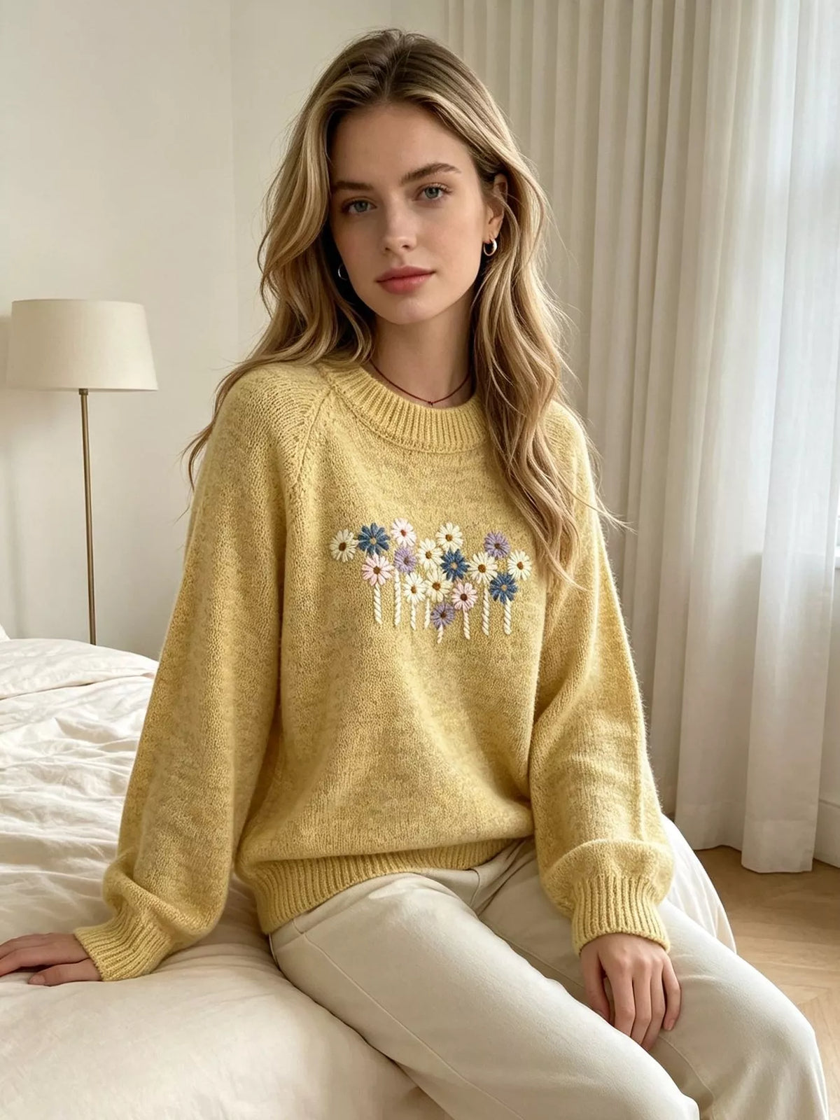 Floral Embroidered Round Neck Sweater, view 20