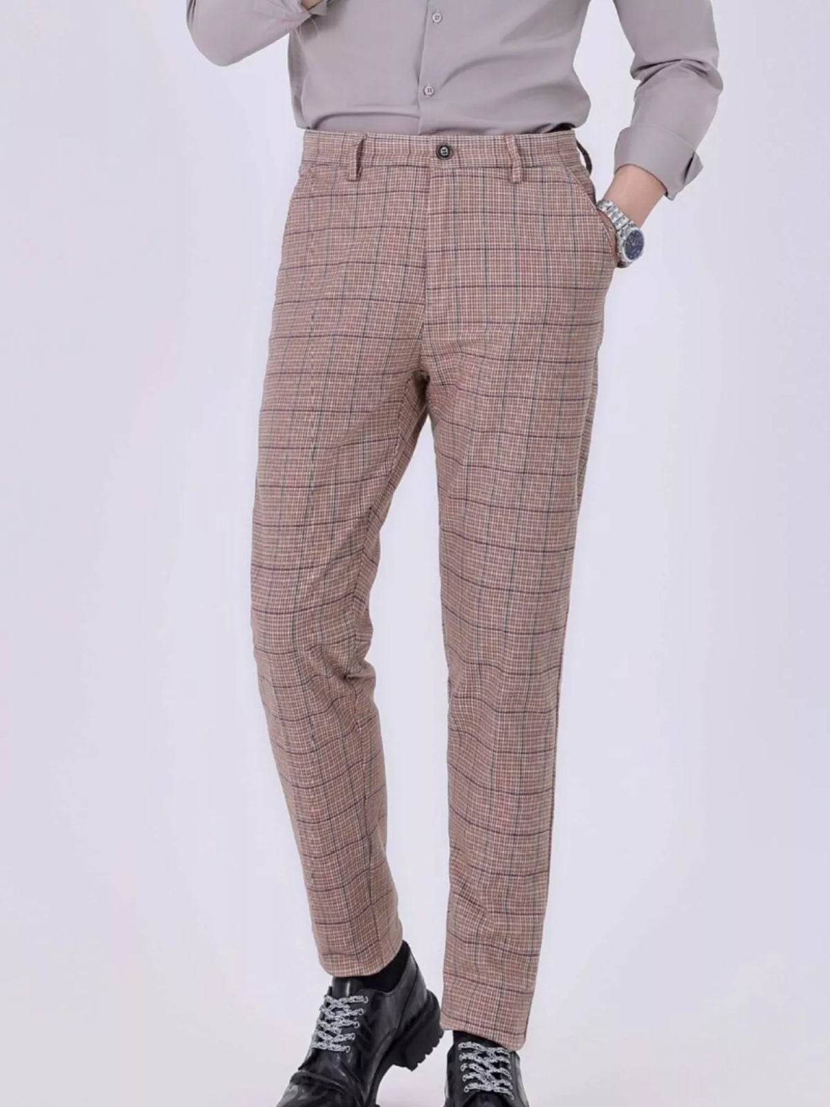 Men's Slim Fit Plaid Pants in Orange, view 2