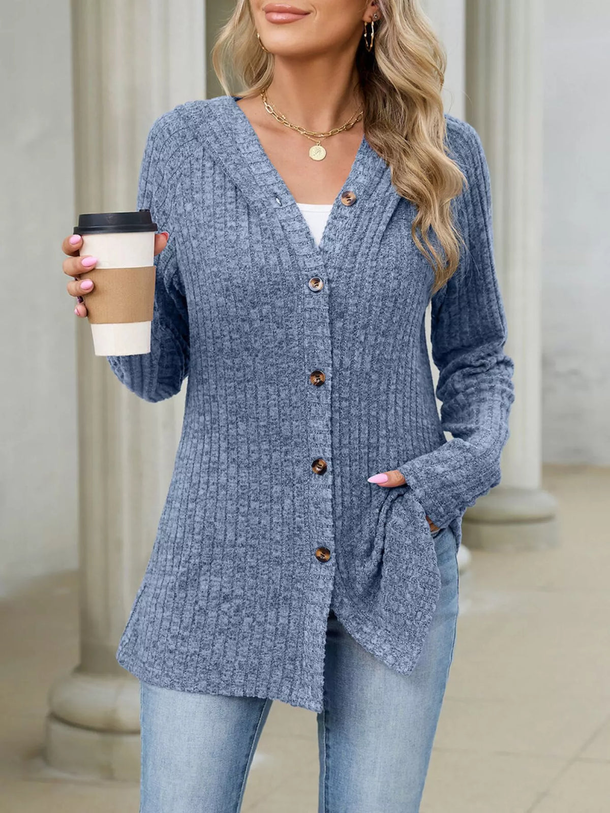 Ribbed Knit Hooded Button-Down Cardigan - Lilixa.store