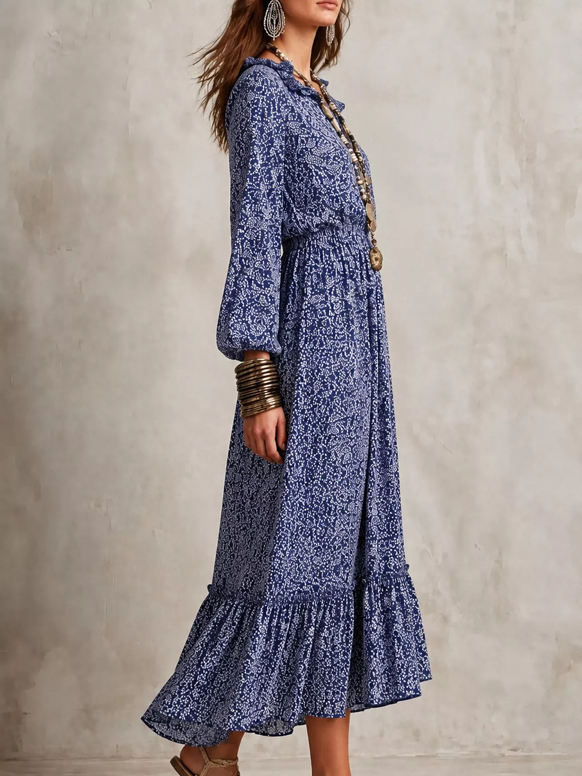 Floral Print Long-Sleeve Ruffle Hem Midi Dress