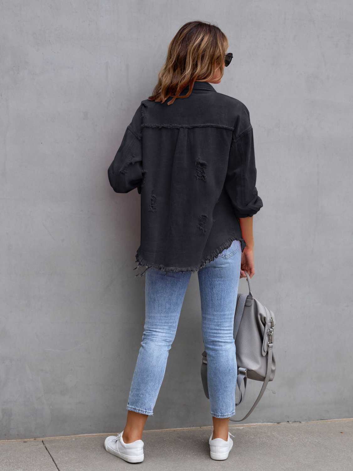 Distressed Drop Shoulder Denim Jacket - Lilixa.store