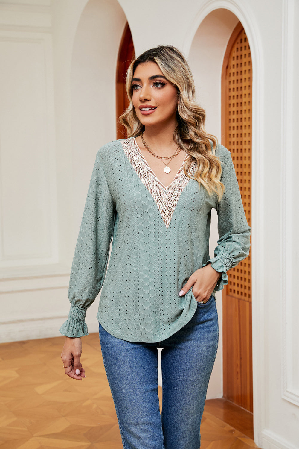 Contrast Flounce Sleeve Blouse in Gum Leaf