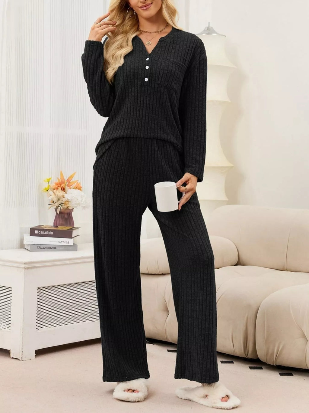 Ribbed Knit Top and Wide-Leg Pants Set - Lilixa.store