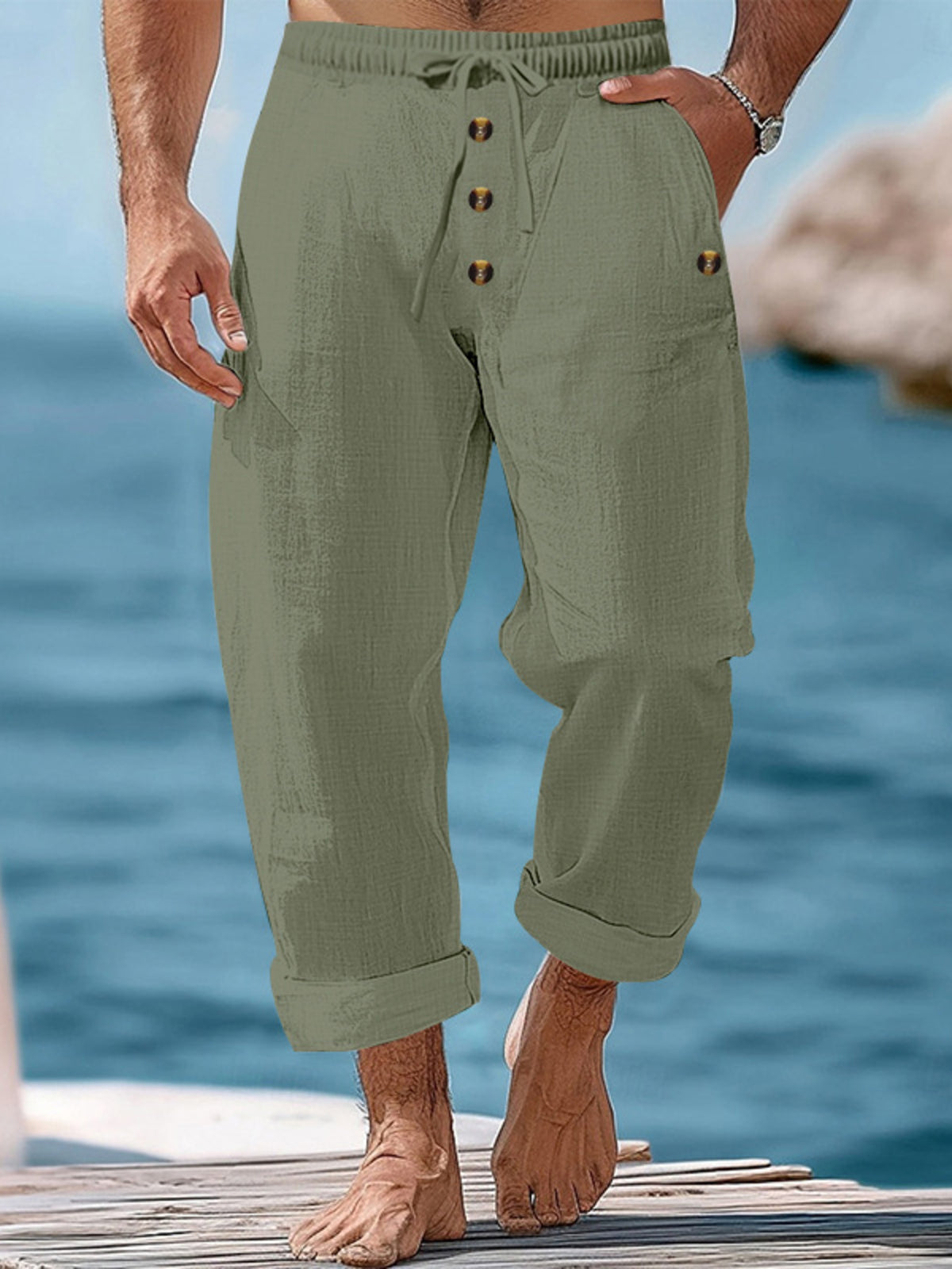 Men's Full Size Button-Fly Drawstring Pants Plus Size in Military Green