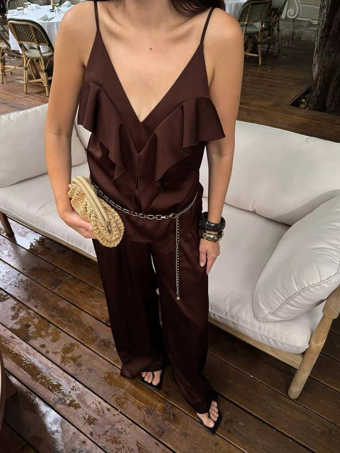 Ruffle V-Neck Cami and Wide-Leg Pants Two-Piece Set in Brown
