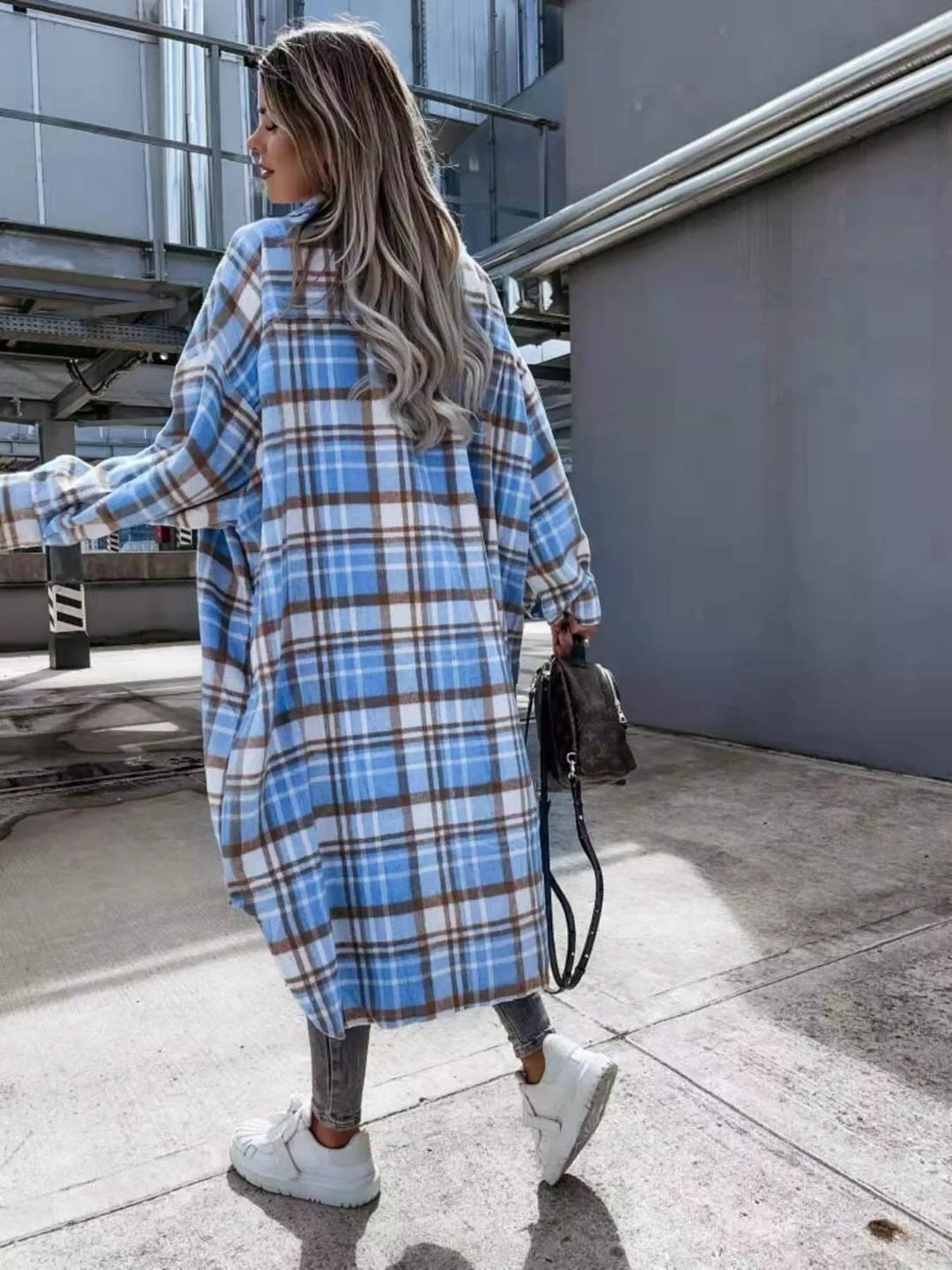 Plaid Button Up Longline Shacket, view 5