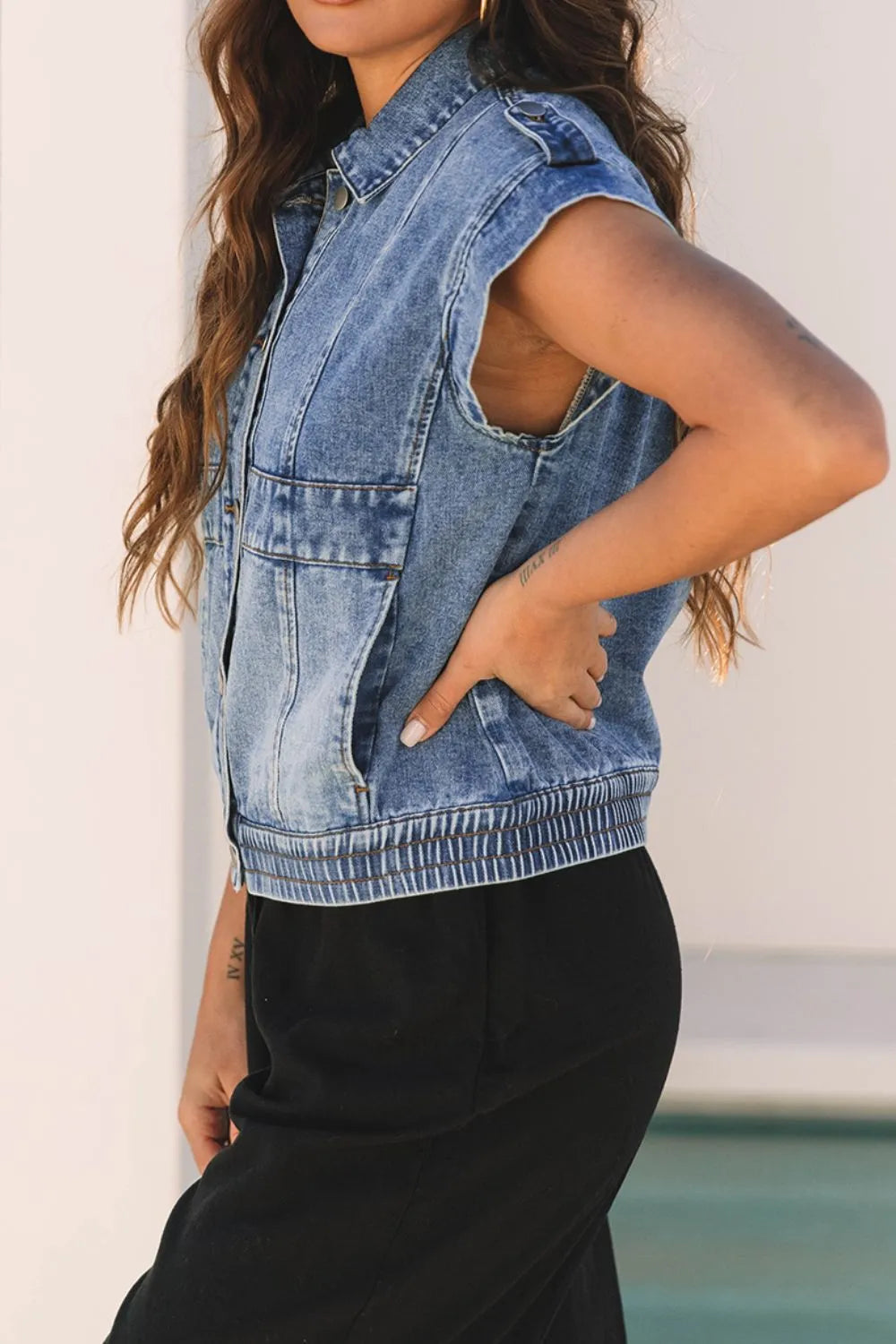 Button Up Cap Sleeve Denim Jacket, view 4