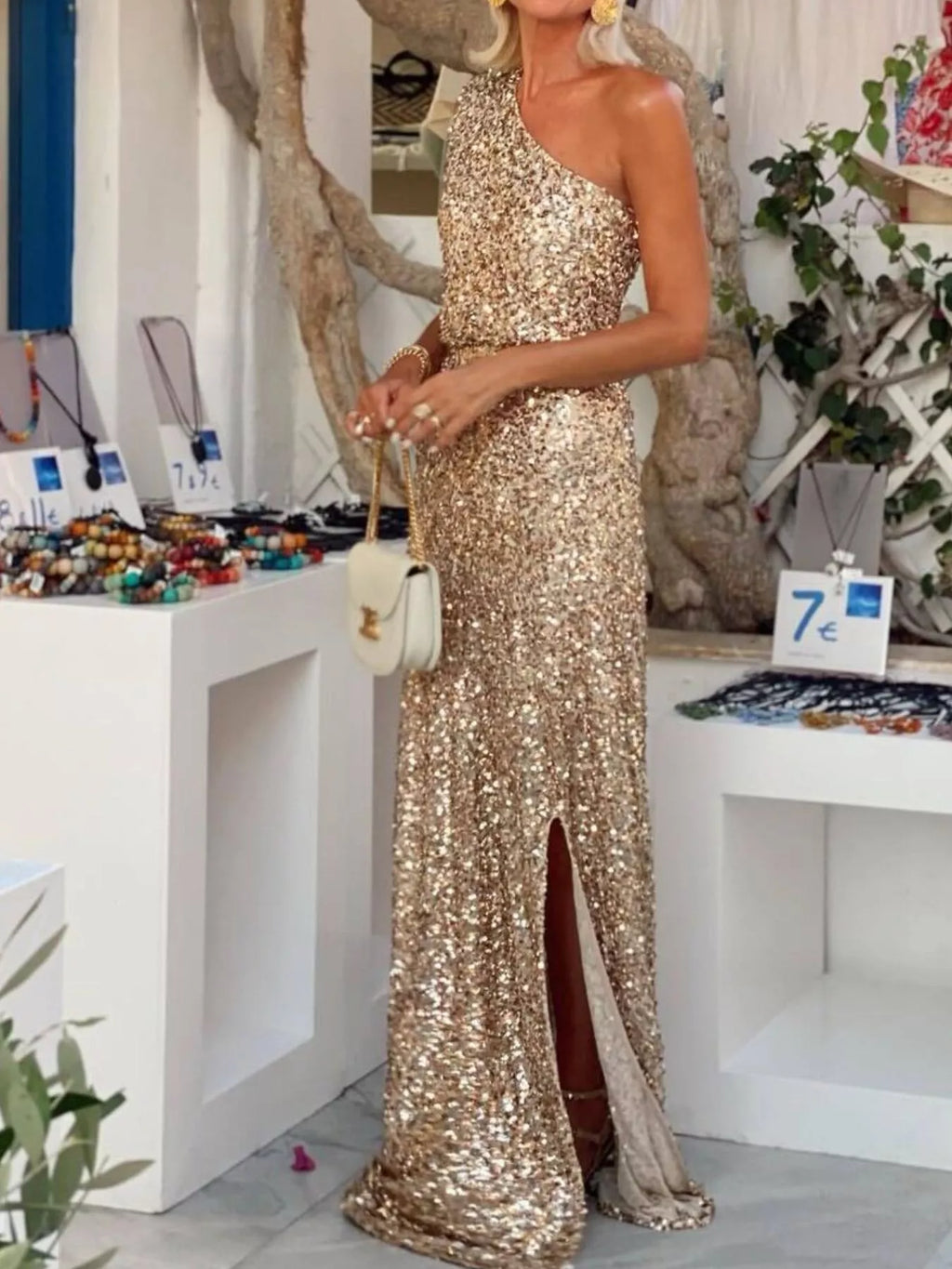 Sequin One-Shoulder Slit Maxi Dress - Lilixa.store