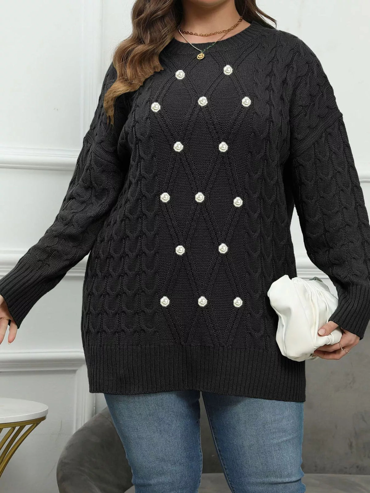 Plus Size Cable Knit Dropped Shoulder Sweater - Lilixa.store