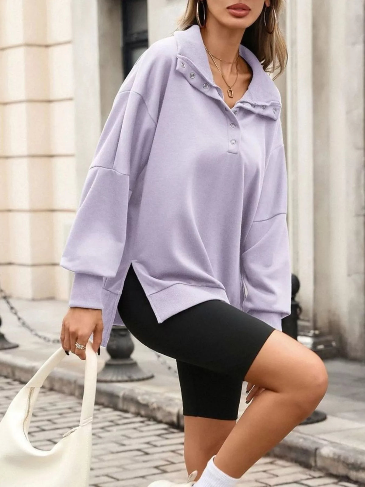 Side Slit Half Snap Sweatshirt - Lilixa.store