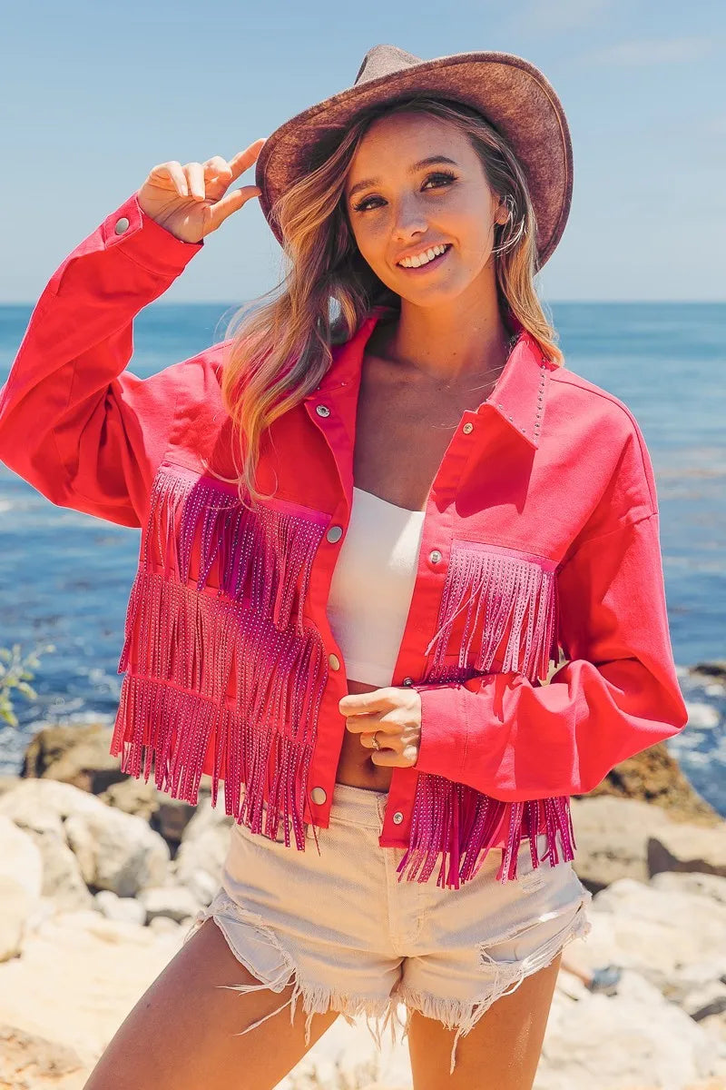 BiBi Rhinestone Fringe with Studed Collar Jacket in Fuchsia, view 9