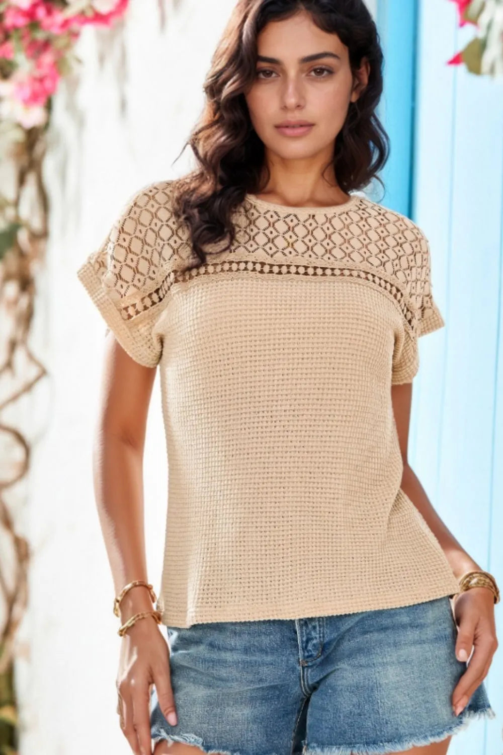 Lace Patchwork Waffle Short Sleeve Knit Top - Lilixa.store