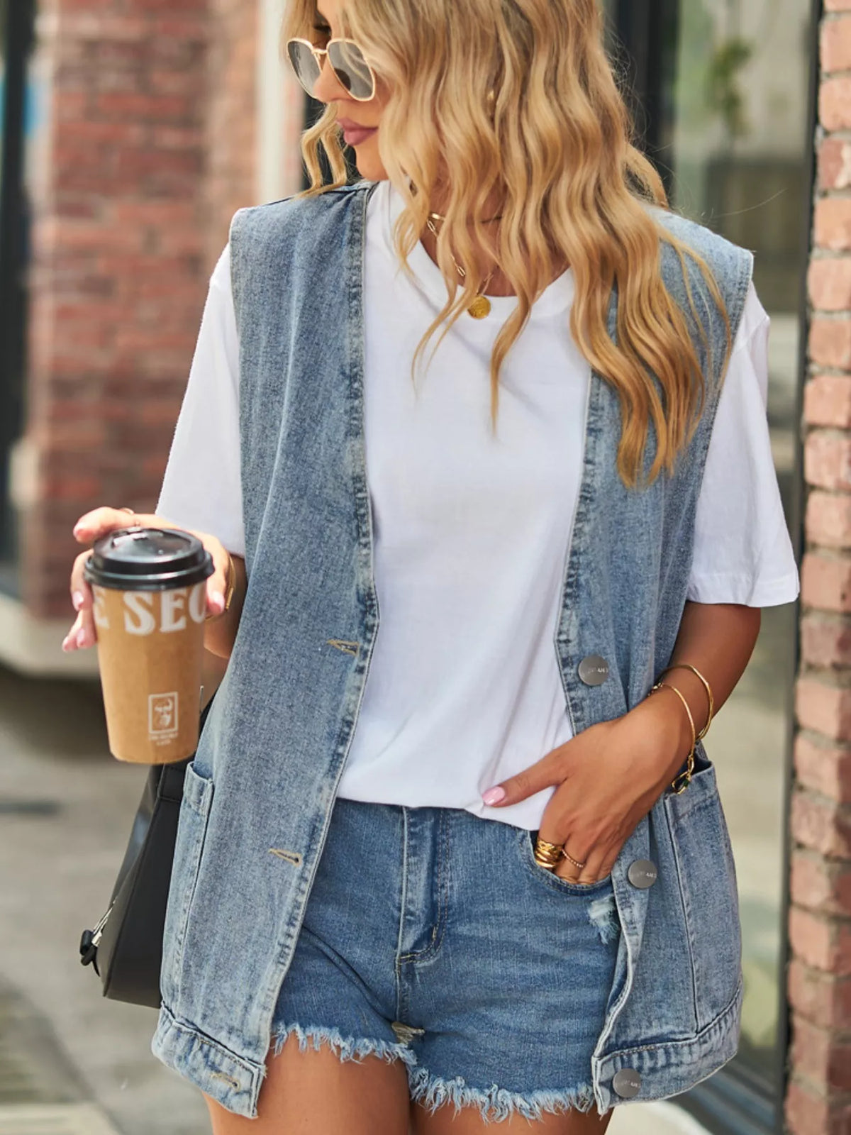 Sleeveless Button-Down Denim Jacket Vest, view 3