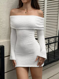 Off-Shoulder Textured Bodycon Sweater Dress in White